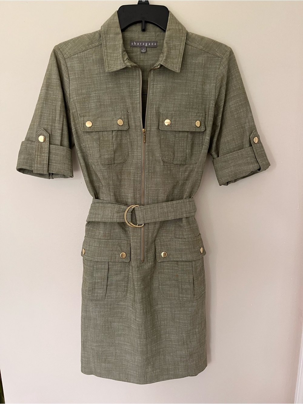 Sharagano Olive Utility Shirt Dress with Belt